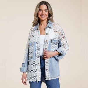 NWOT POL Pieced Lace Oversized Denim Jacket Size Small